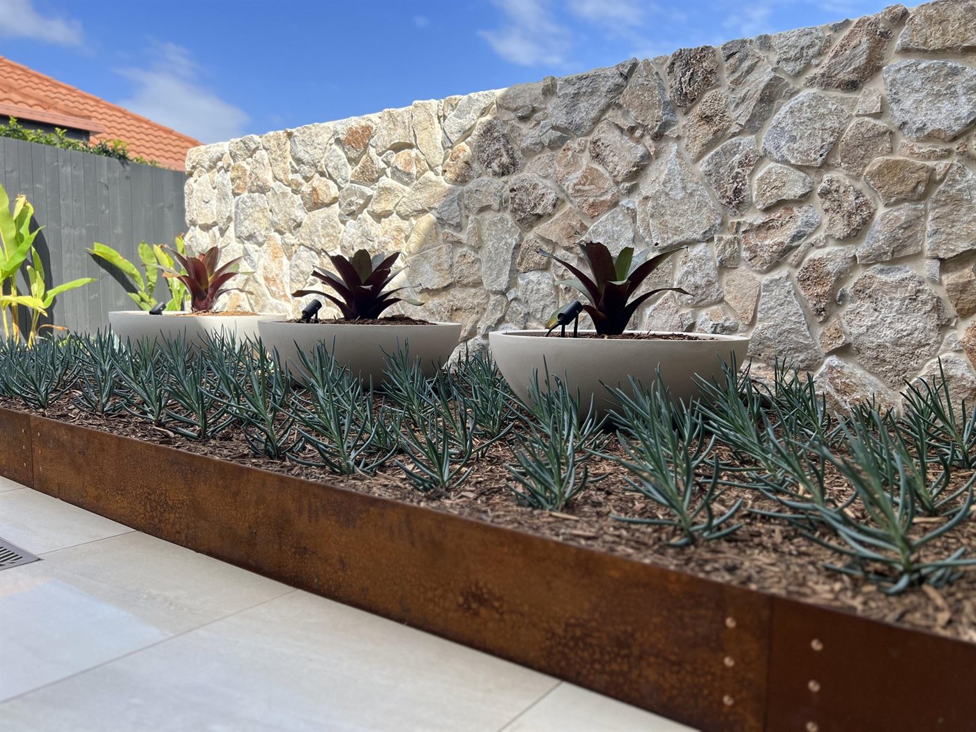 Feature stone wall with corten steel garden bed and structured planting